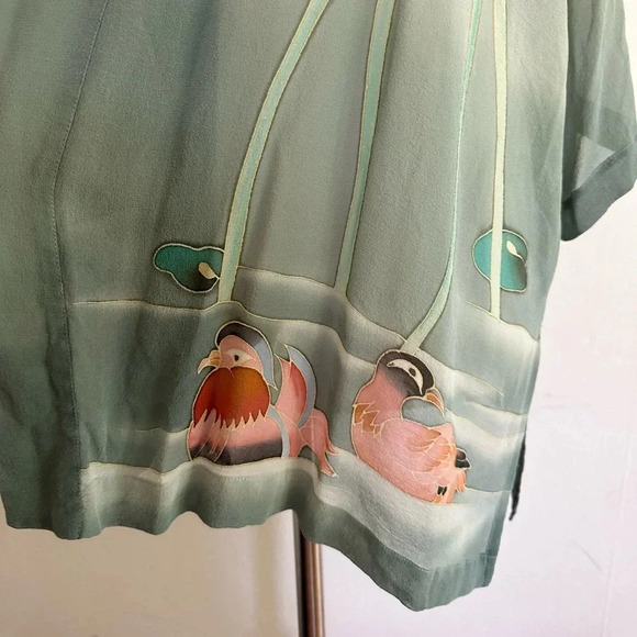 Silk Kimono Top Coverup Open Front Hand Painted Art To Wear Lotus Pond One Size - Picture 2 of 10